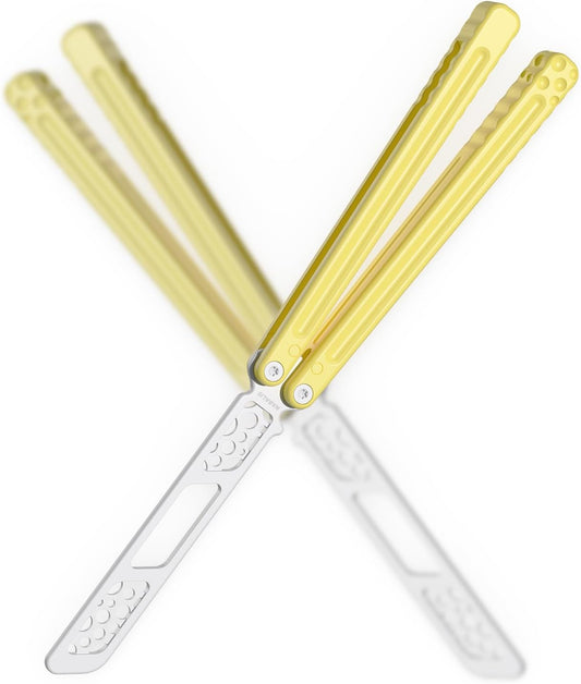 Cheese Butterfly Knife Balisong Trainer, 7075 Aluminum, 420C Blade Material, Teflon-Coated, Public-Friendly Metal Trainer