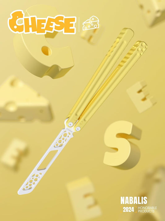 Cheese Butterfly Knife Balisong Trainer, 7075 Aluminum, 420C Blade Material, Teflon-Coated, Public-Friendly Metal Trainer
