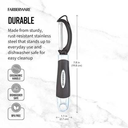 Pro2 Euro Vegetable Peeler with Swivel Blade and Built-In Bud Remover, Razor-Sharp Rust-Resistant Stainless Steel, Ergonomic Handle, Dishwasher Safe