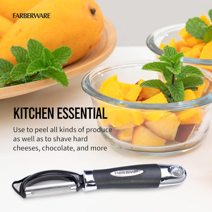 Pro2 Euro Vegetable Peeler with Swivel Blade and Built-In Bud Remover, Razor-Sharp Rust-Resistant Stainless Steel, Ergonomic Handle, Dishwasher Safe