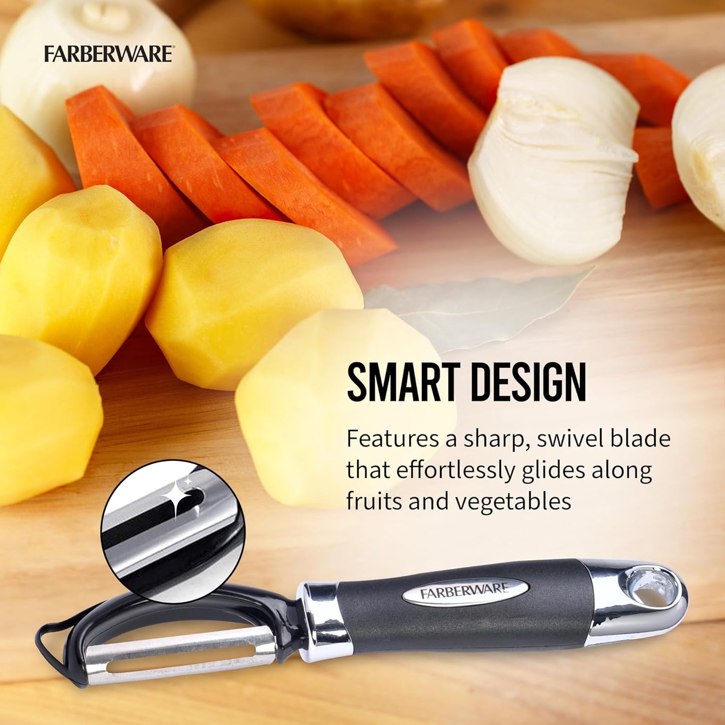 Pro2 Euro Vegetable Peeler with Swivel Blade and Built-In Bud Remover, Razor-Sharp Rust-Resistant Stainless Steel, Ergonomic Handle, Dishwasher Safe