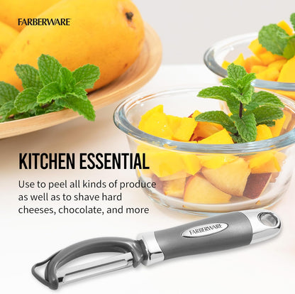 Pro2 Euro Vegetable Peeler with Swivel Blade and Built-In Bud Remover, Razor-Sharp Rust-Resistant Stainless Steel, Ergonomic Handle, Dishwasher Safe