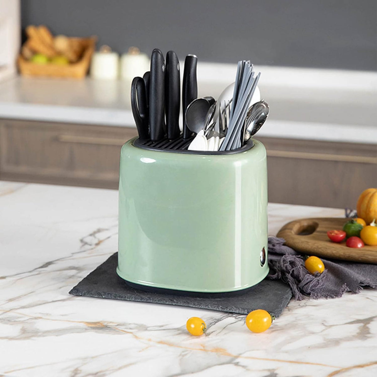 2-in-1 Knife Block & Utensil Holder, Countertop Organizer | Drainage Base | Space Saving | Kitchen Storage | Knives & Forks & Chopsticks (Green)