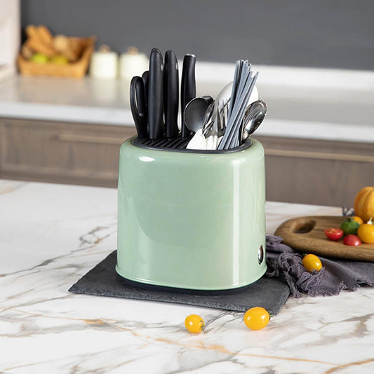 2-in-1 Knife Block & Utensil Holder, Countertop Organizer | Drainage Base | Space Saving | Kitchen Storage | Knives & Forks & Chopsticks (Green)