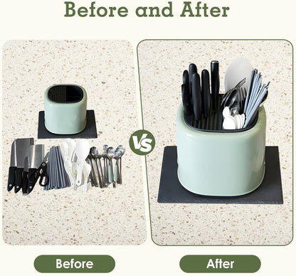 2-in-1 Knife Block & Utensil Holder, Countertop Organizer | Drainage Base | Space Saving | Kitchen Storage | Knives & Forks & Chopsticks (Green)