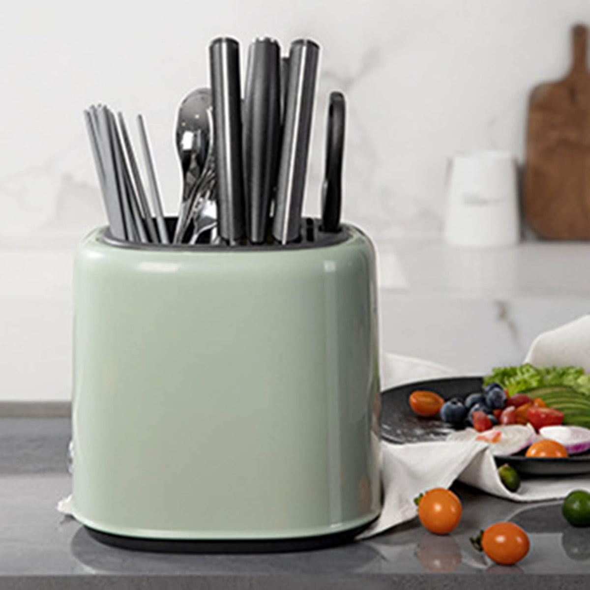 2-in-1 Knife Block & Utensil Holder, Countertop Organizer | Drainage Base | Space Saving | Kitchen Storage | Knives & Forks & Chopsticks (Green)