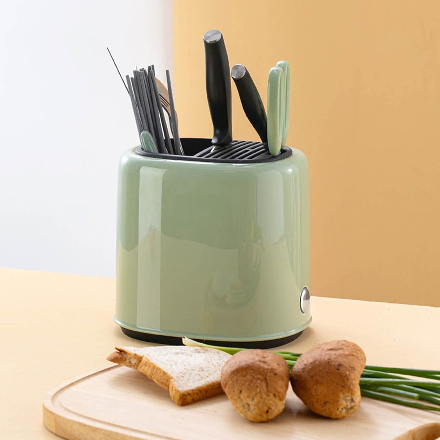 2-in-1 Knife Block & Utensil Holder, Countertop Organizer | Drainage Base | Space Saving | Kitchen Storage | Knives & Forks & Chopsticks (Green)