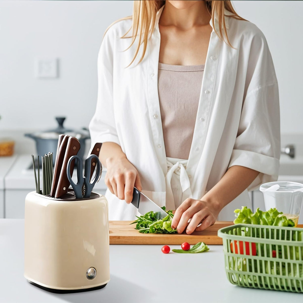 2-in-1 Knife Block & Utensil Holder, Countertop Organizer | Drainage Base | Space Saving | Kitchen Storage | Knives & Forks & Chopsticks (Green)