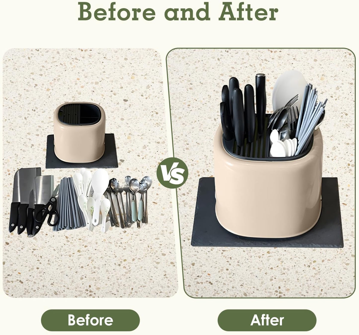 2-in-1 Knife Block & Utensil Holder, Countertop Organizer | Drainage Base | Space Saving | Kitchen Storage | Knives & Forks & Chopsticks (Green)
