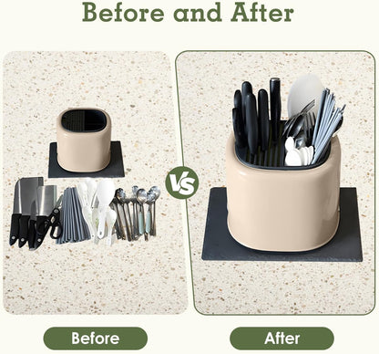 2-in-1 Knife Block & Utensil Holder, Countertop Organizer | Drainage Base | Space Saving | Kitchen Storage | Knives & Forks & Chopsticks (Green)