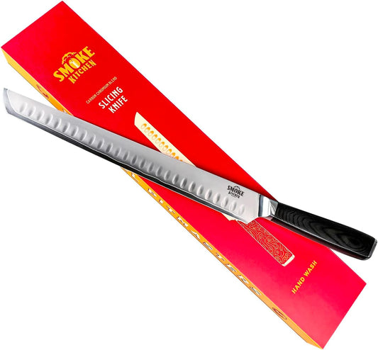 12" Brisket Slicing Knife – VG-10 Steel, Granton Edge, Full Tang, G10 Handle – BBQ Meat Carving Knife for Brisket, Turkey, Ham, Ribs, and Roasts