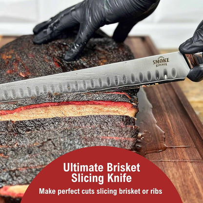 12" Brisket Slicing Knife – VG-10 Steel, Granton Edge, Full Tang, G10 Handle – BBQ Meat Carving Knife for Brisket, Turkey, Ham, Ribs, and Roasts