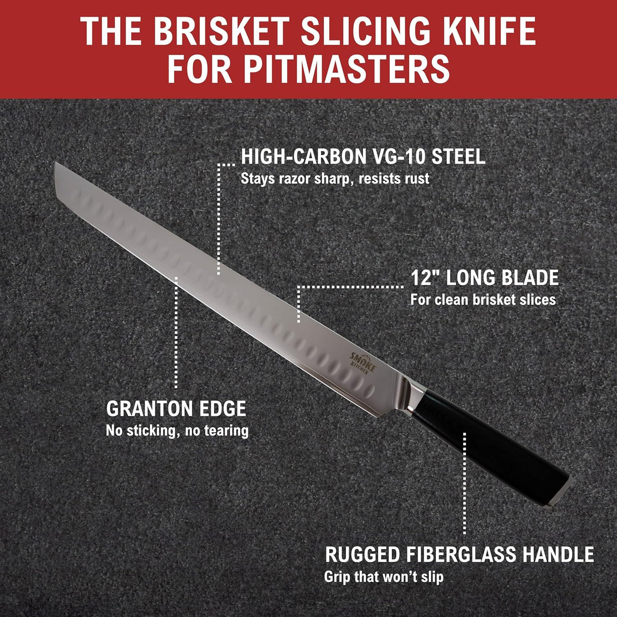 12" Brisket Slicing Knife – VG-10 Steel, Granton Edge, Full Tang, G10 Handle – BBQ Meat Carving Knife for Brisket, Turkey, Ham, Ribs, and Roasts