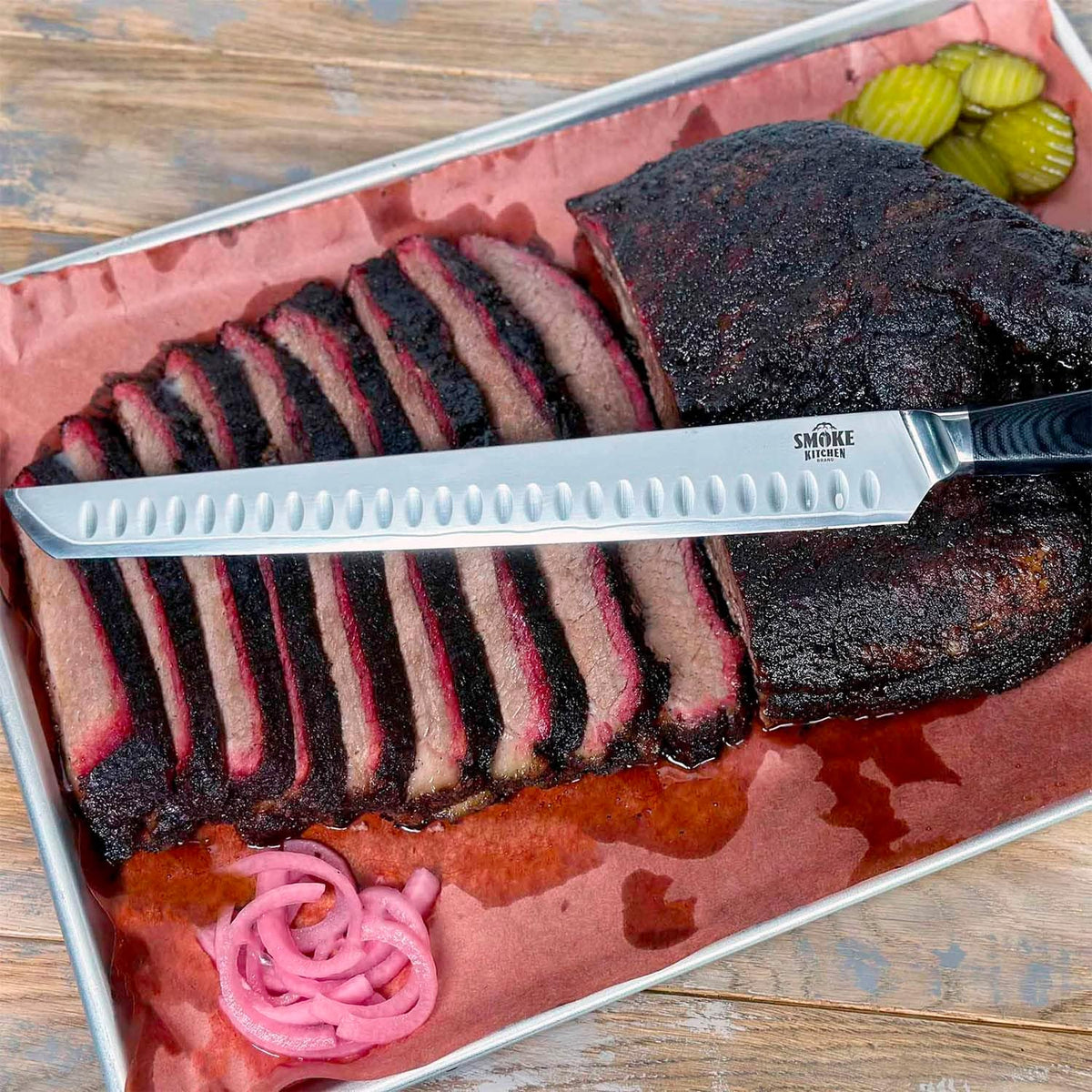 12" Brisket Slicing Knife – VG-10 Steel, Granton Edge, Full Tang, G10 Handle – BBQ Meat Carving Knife for Brisket, Turkey, Ham, Ribs, and Roasts