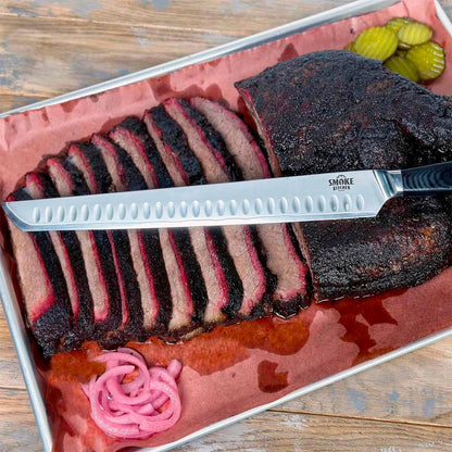 12" Brisket Slicing Knife – VG-10 Steel, Granton Edge, Full Tang, G10 Handle – BBQ Meat Carving Knife for Brisket, Turkey, Ham, Ribs, and Roasts