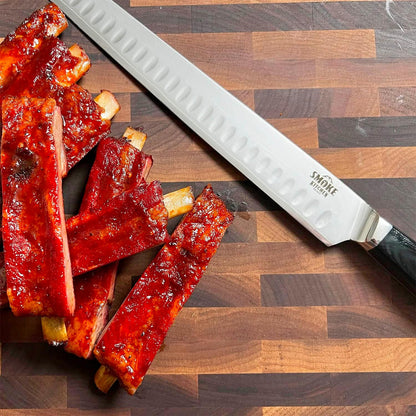 12" Brisket Slicing Knife – VG-10 Steel, Granton Edge, Full Tang, G10 Handle – BBQ Meat Carving Knife for Brisket, Turkey, Ham, Ribs, and Roasts
