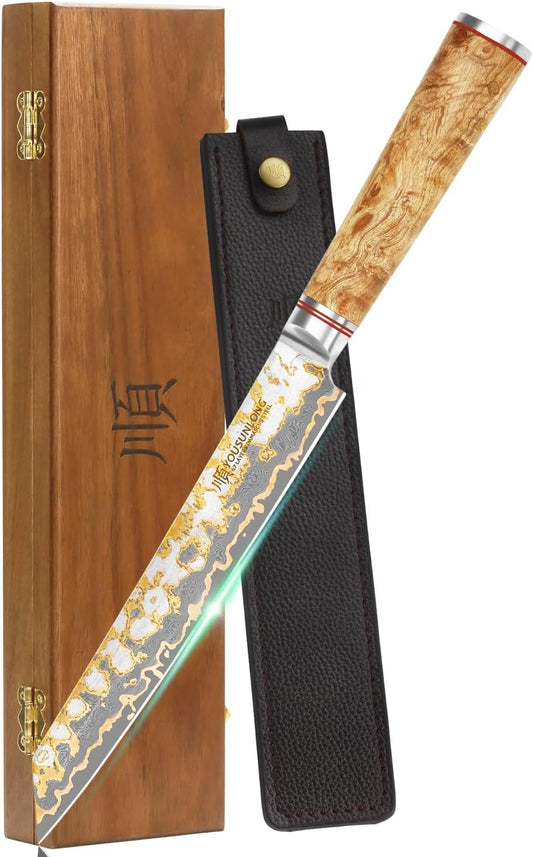 Sujihiki Slicing Knife - 8 Inch Sashimi Sushi Knife - Handmade CuMai Copper Damascus Steel - Japanese Yanagiba Carving Knives Ultra Sharp - Naturel Burl Wooden Handle with Leather