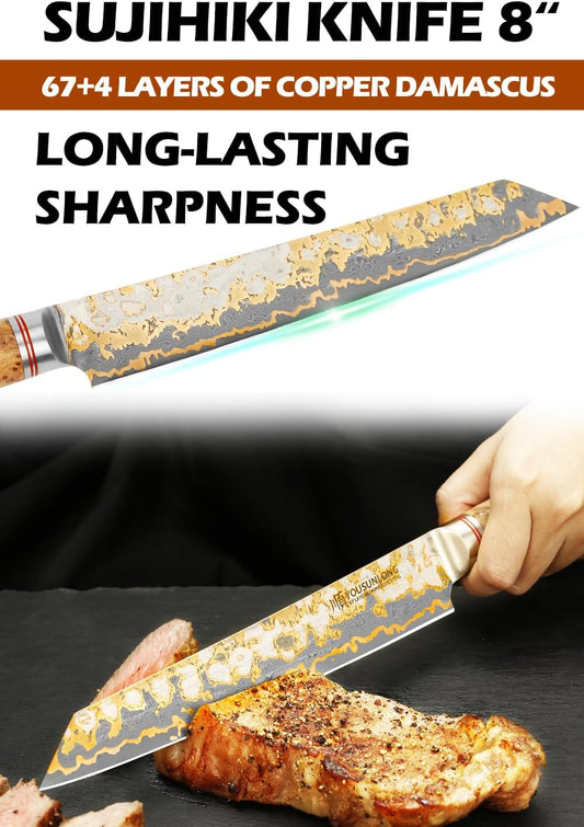 Sujihiki Slicing Knife - 8 Inch Sashimi Sushi Knife - Handmade CuMai Copper Damascus Steel - Japanese Yanagiba Carving Knives Ultra Sharp - Naturel Burl Wooden Handle with Leather