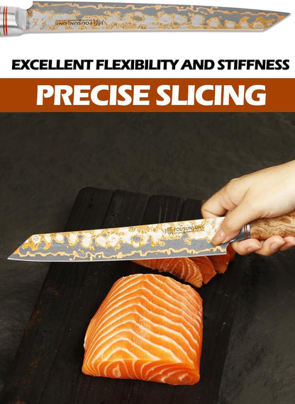 Sujihiki Slicing Knife - 8 Inch Sashimi Sushi Knife - Handmade CuMai Copper Damascus Steel - Japanese Yanagiba Carving Knives Ultra Sharp - Naturel Burl Wooden Handle with Leather