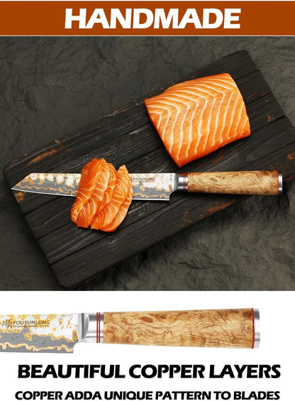 Sujihiki Slicing Knife - 8 Inch Sashimi Sushi Knife - Handmade CuMai Copper Damascus Steel - Japanese Yanagiba Carving Knives Ultra Sharp - Naturel Burl Wooden Handle with Leather