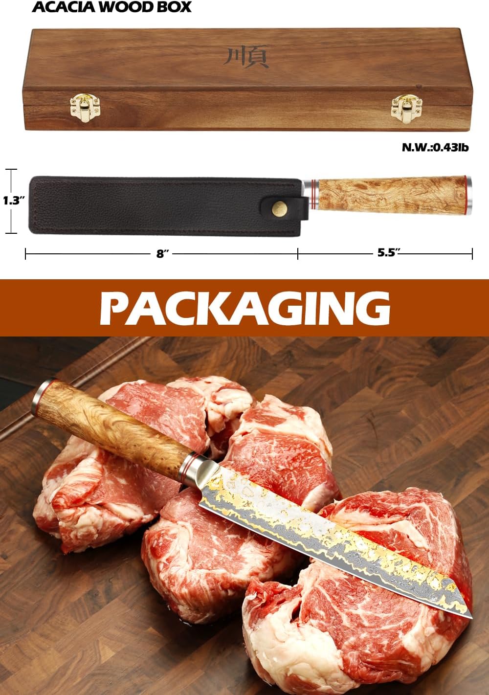 Sujihiki Slicing Knife - 8 Inch Sashimi Sushi Knife - Handmade CuMai Copper Damascus Steel - Japanese Yanagiba Carving Knives Ultra Sharp - Naturel Burl Wooden Handle with Leather