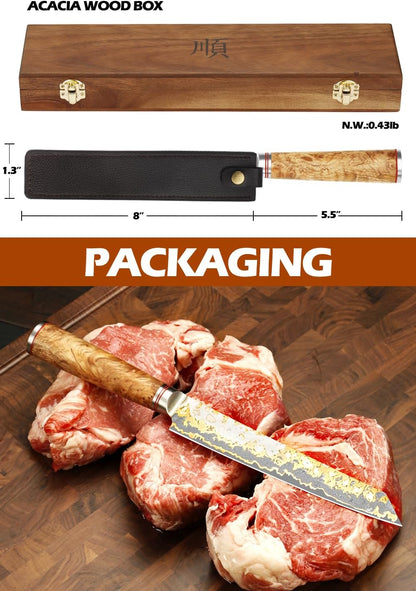 Sujihiki Slicing Knife - 8 Inch Sashimi Sushi Knife - Handmade CuMai Copper Damascus Steel - Japanese Yanagiba Carving Knives Ultra Sharp - Naturel Burl Wooden Handle with Leather