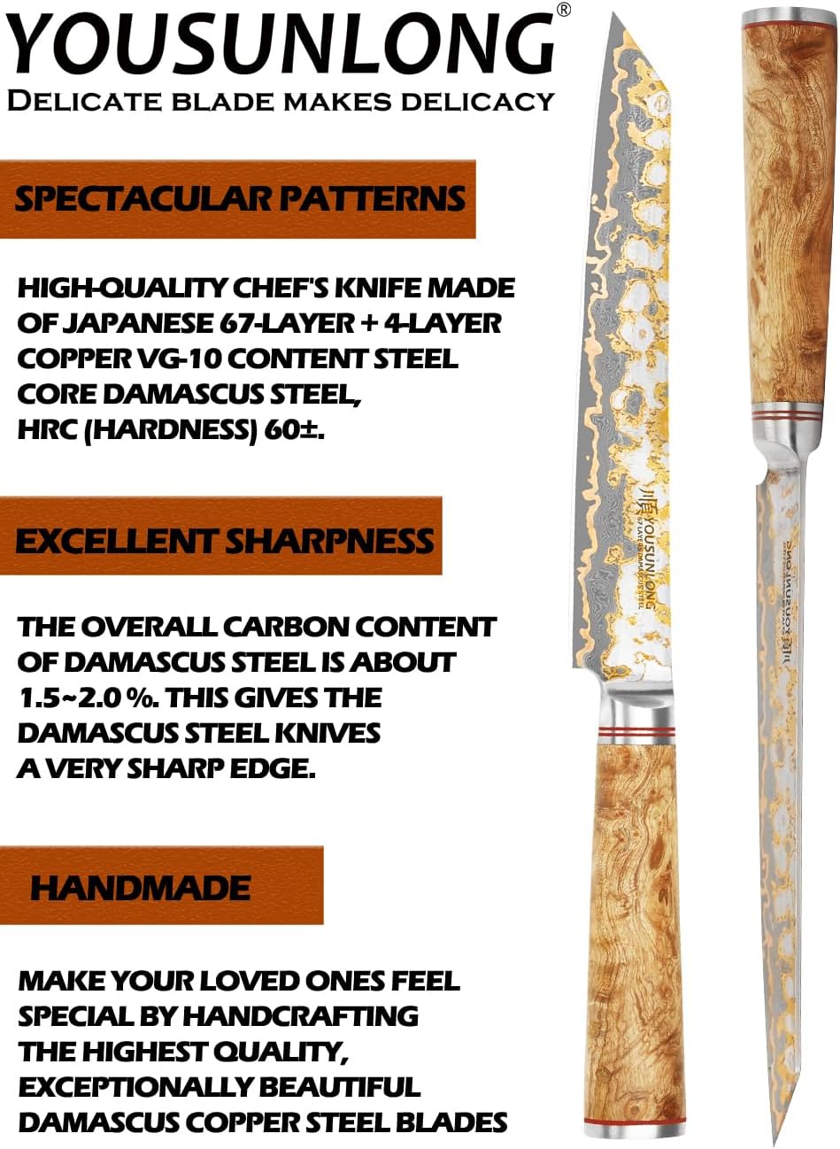 Sujihiki Slicing Knife - 8 Inch Sashimi Sushi Knife - Handmade CuMai Copper Damascus Steel - Japanese Yanagiba Carving Knives Ultra Sharp - Naturel Burl Wooden Handle with Leather