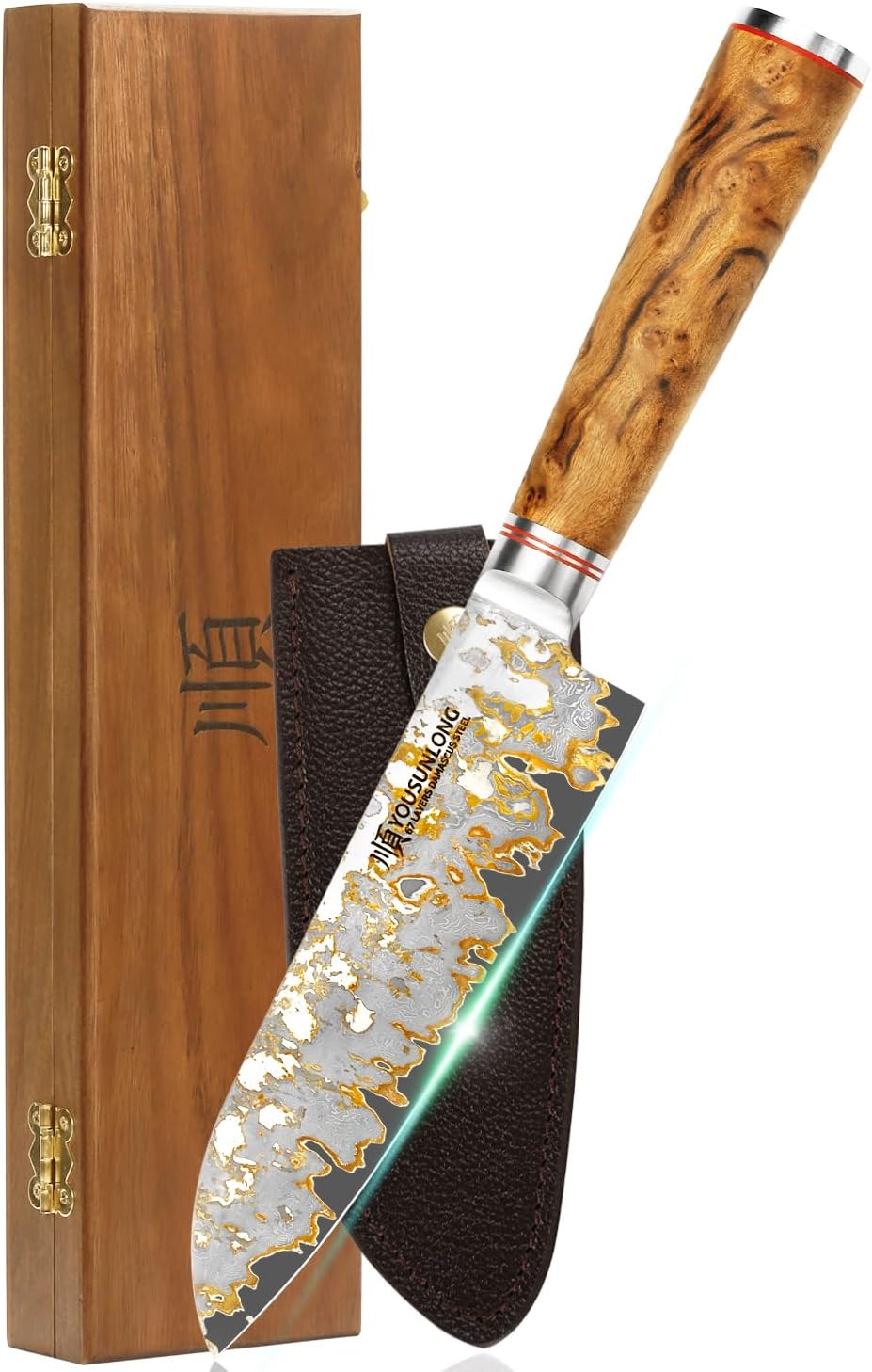Sujihiki Slicing Knife - 8 Inch Sashimi Sushi Knife - Handmade CuMai Copper Damascus Steel - Japanese Yanagiba Carving Knives Ultra Sharp - Naturel Burl Wooden Handle with Leather