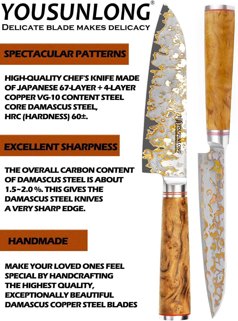 Sujihiki Slicing Knife - 8 Inch Sashimi Sushi Knife - Handmade CuMai Copper Damascus Steel - Japanese Yanagiba Carving Knives Ultra Sharp - Naturel Burl Wooden Handle with Leather
