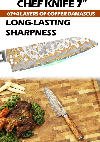 Sujihiki Slicing Knife - 8 Inch Sashimi Sushi Knife - Handmade CuMai Copper Damascus Steel - Japanese Yanagiba Carving Knives Ultra Sharp - Naturel Burl Wooden Handle with Leather