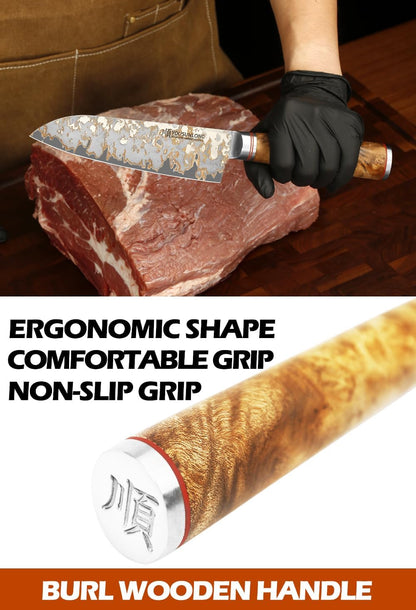 Sujihiki Slicing Knife - 8 Inch Sashimi Sushi Knife - Handmade CuMai Copper Damascus Steel - Japanese Yanagiba Carving Knives Ultra Sharp - Naturel Burl Wooden Handle with Leather