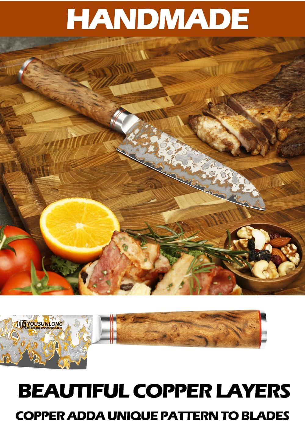 Sujihiki Slicing Knife - 8 Inch Sashimi Sushi Knife - Handmade CuMai Copper Damascus Steel - Japanese Yanagiba Carving Knives Ultra Sharp - Naturel Burl Wooden Handle with Leather