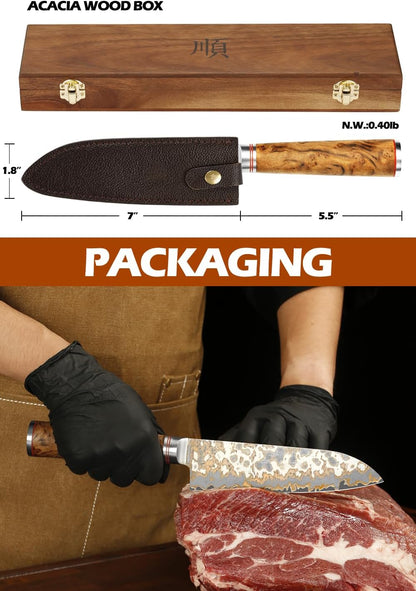 Sujihiki Slicing Knife - 8 Inch Sashimi Sushi Knife - Handmade CuMai Copper Damascus Steel - Japanese Yanagiba Carving Knives Ultra Sharp - Naturel Burl Wooden Handle with Leather