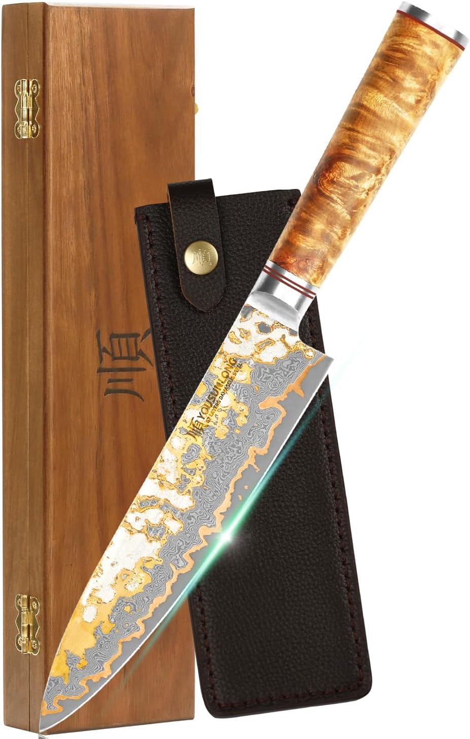 Sujihiki Slicing Knife - 8 Inch Sashimi Sushi Knife - Handmade CuMai Copper Damascus Steel - Japanese Yanagiba Carving Knives Ultra Sharp - Naturel Burl Wooden Handle with Leather