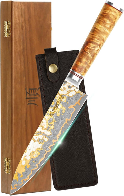 Sujihiki Slicing Knife - 8 Inch Sashimi Sushi Knife - Handmade CuMai Copper Damascus Steel - Japanese Yanagiba Carving Knives Ultra Sharp - Naturel Burl Wooden Handle with Leather