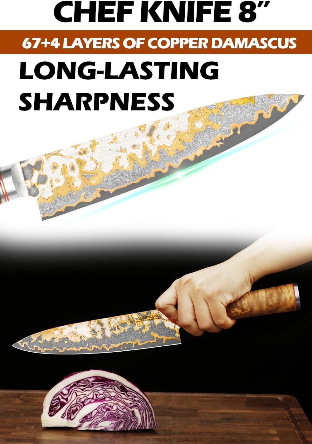 Sujihiki Slicing Knife - 8 Inch Sashimi Sushi Knife - Handmade CuMai Copper Damascus Steel - Japanese Yanagiba Carving Knives Ultra Sharp - Naturel Burl Wooden Handle with Leather