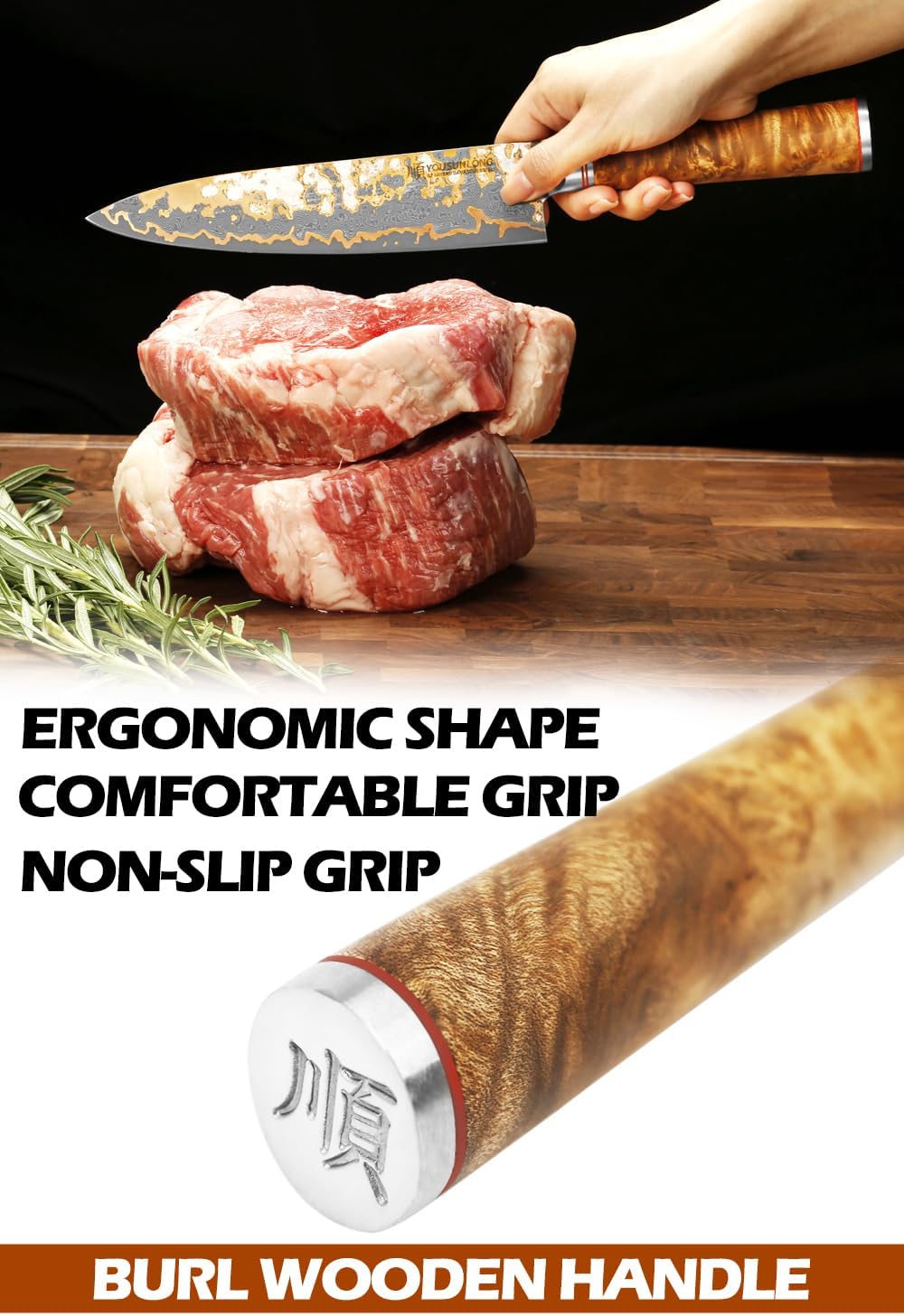 Sujihiki Slicing Knife - 8 Inch Sashimi Sushi Knife - Handmade CuMai Copper Damascus Steel - Japanese Yanagiba Carving Knives Ultra Sharp - Naturel Burl Wooden Handle with Leather