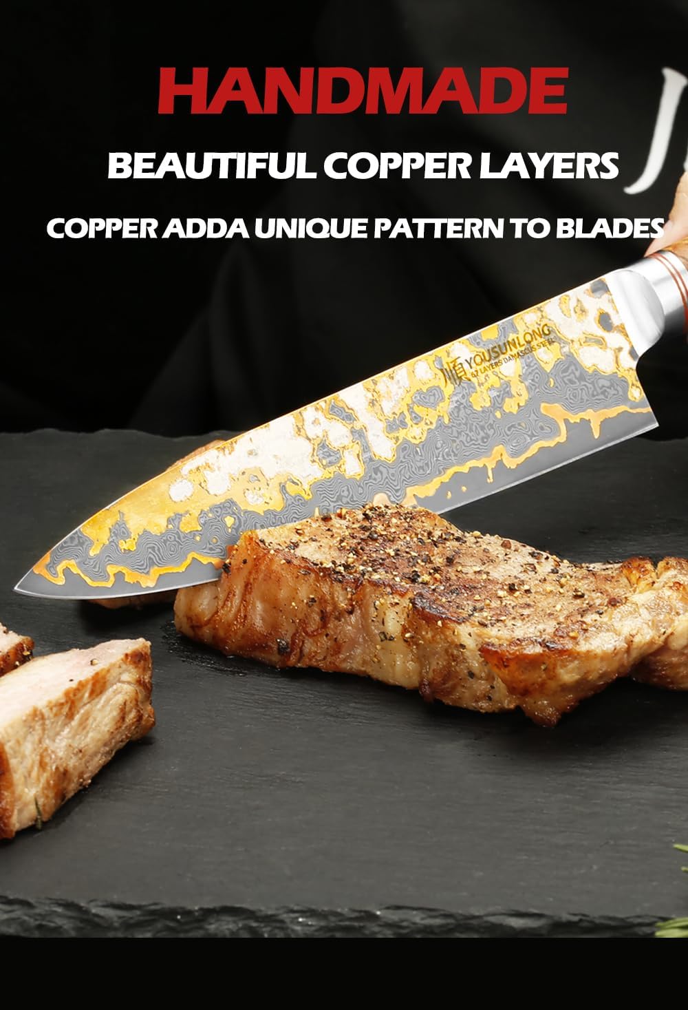 Sujihiki Slicing Knife - 8 Inch Sashimi Sushi Knife - Handmade CuMai Copper Damascus Steel - Japanese Yanagiba Carving Knives Ultra Sharp - Naturel Burl Wooden Handle with Leather
