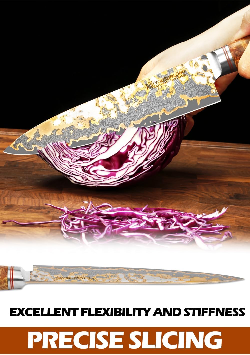 Sujihiki Slicing Knife - 8 Inch Sashimi Sushi Knife - Handmade CuMai Copper Damascus Steel - Japanese Yanagiba Carving Knives Ultra Sharp - Naturel Burl Wooden Handle with Leather