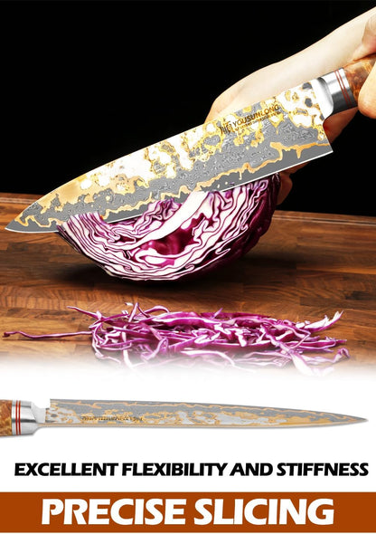 Sujihiki Slicing Knife - 8 Inch Sashimi Sushi Knife - Handmade CuMai Copper Damascus Steel - Japanese Yanagiba Carving Knives Ultra Sharp - Naturel Burl Wooden Handle with Leather