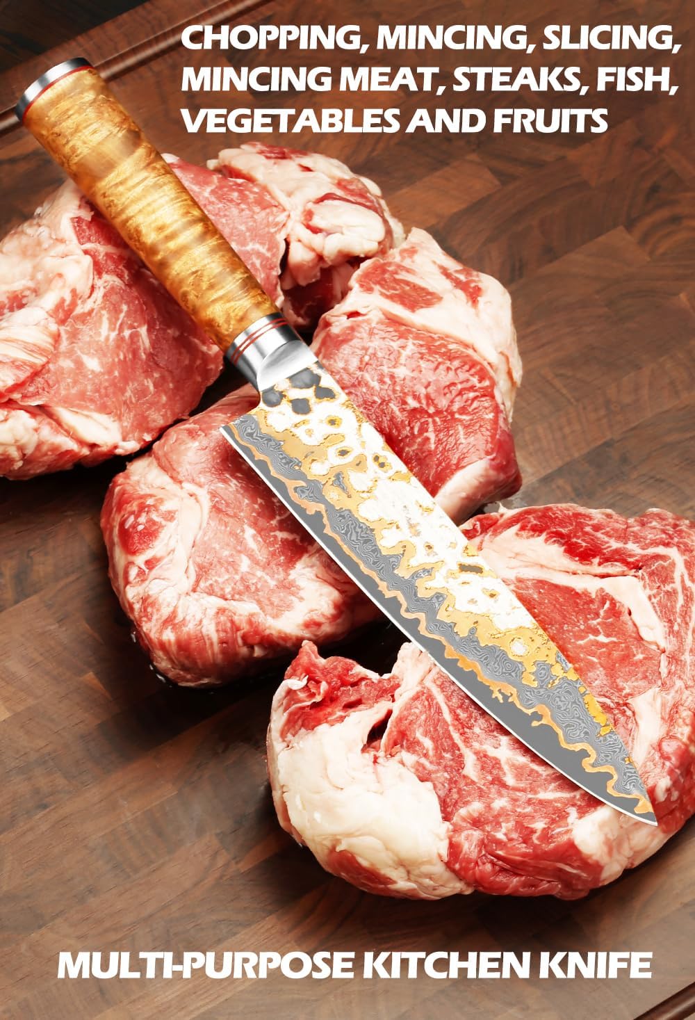 Sujihiki Slicing Knife - 8 Inch Sashimi Sushi Knife - Handmade CuMai Copper Damascus Steel - Japanese Yanagiba Carving Knives Ultra Sharp - Naturel Burl Wooden Handle with Leather