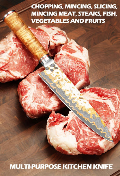 Sujihiki Slicing Knife - 8 Inch Sashimi Sushi Knife - Handmade CuMai Copper Damascus Steel - Japanese Yanagiba Carving Knives Ultra Sharp - Naturel Burl Wooden Handle with Leather