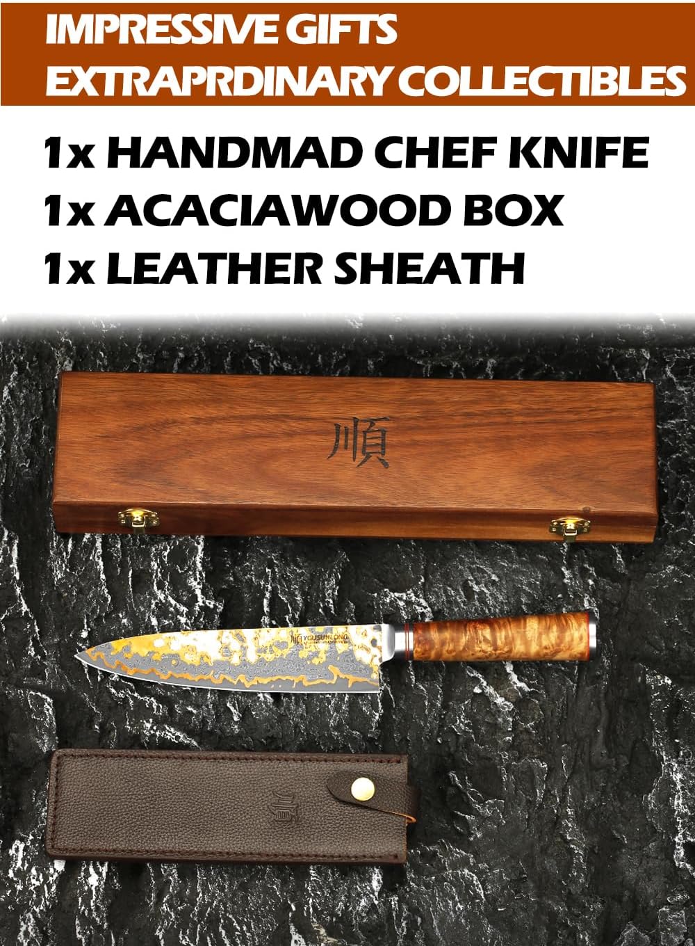 Sujihiki Slicing Knife - 8 Inch Sashimi Sushi Knife - Handmade CuMai Copper Damascus Steel - Japanese Yanagiba Carving Knives Ultra Sharp - Naturel Burl Wooden Handle with Leather