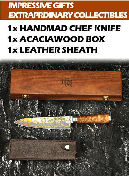 Sujihiki Slicing Knife - 8 Inch Sashimi Sushi Knife - Handmade CuMai Copper Damascus Steel - Japanese Yanagiba Carving Knives Ultra Sharp - Naturel Burl Wooden Handle with Leather