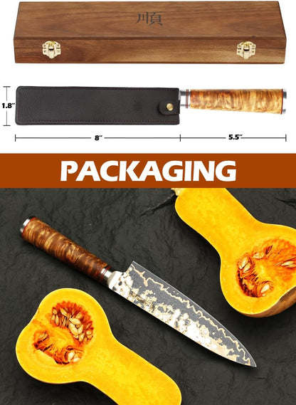 Sujihiki Slicing Knife - 8 Inch Sashimi Sushi Knife - Handmade CuMai Copper Damascus Steel - Japanese Yanagiba Carving Knives Ultra Sharp - Naturel Burl Wooden Handle with Leather