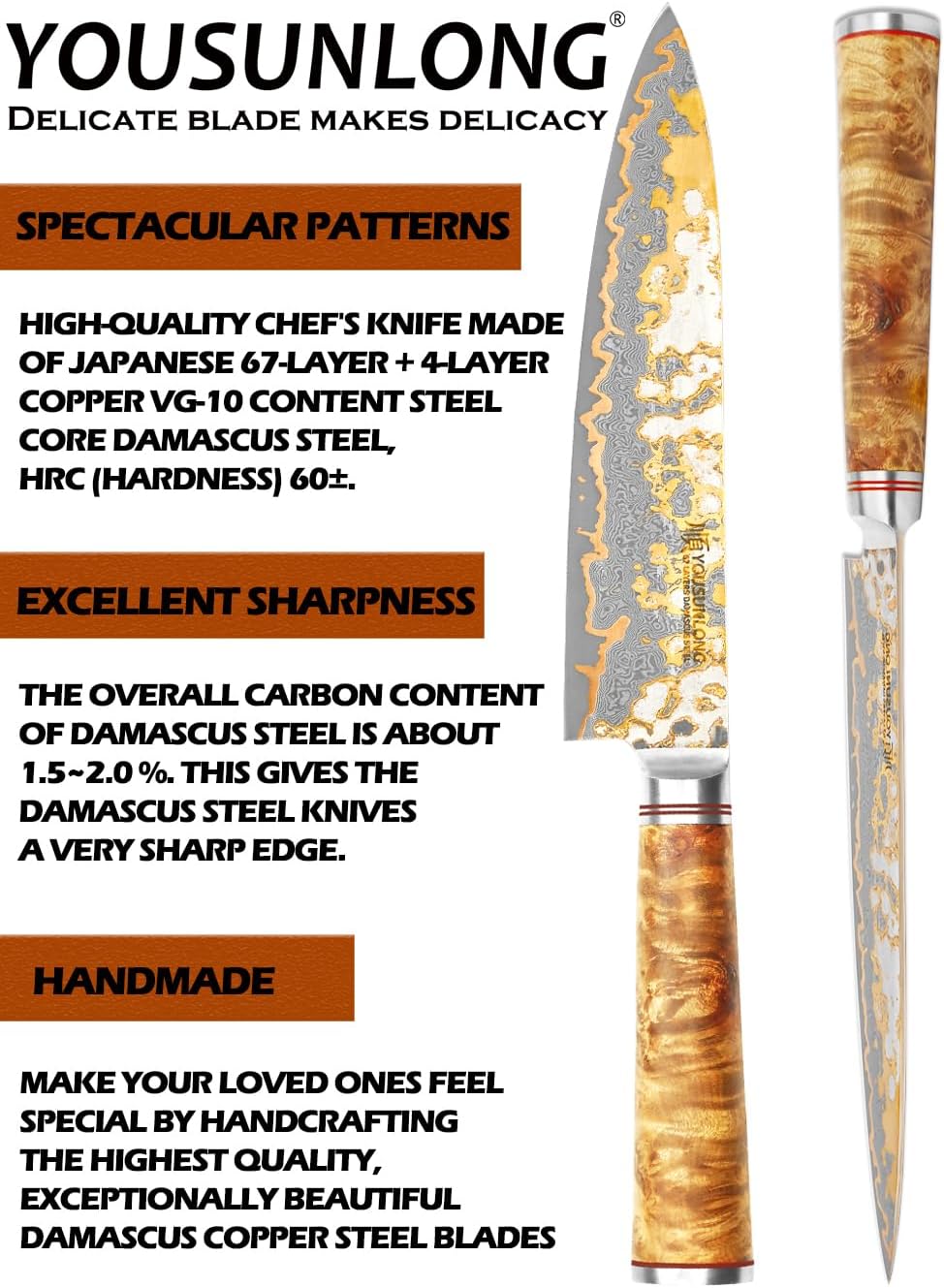 Sujihiki Slicing Knife - 8 Inch Sashimi Sushi Knife - Handmade CuMai Copper Damascus Steel - Japanese Yanagiba Carving Knives Ultra Sharp - Naturel Burl Wooden Handle with Leather