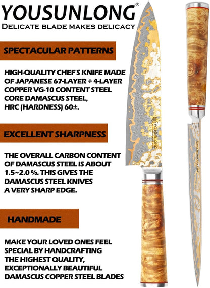 Sujihiki Slicing Knife - 8 Inch Sashimi Sushi Knife - Handmade CuMai Copper Damascus Steel - Japanese Yanagiba Carving Knives Ultra Sharp - Naturel Burl Wooden Handle with Leather