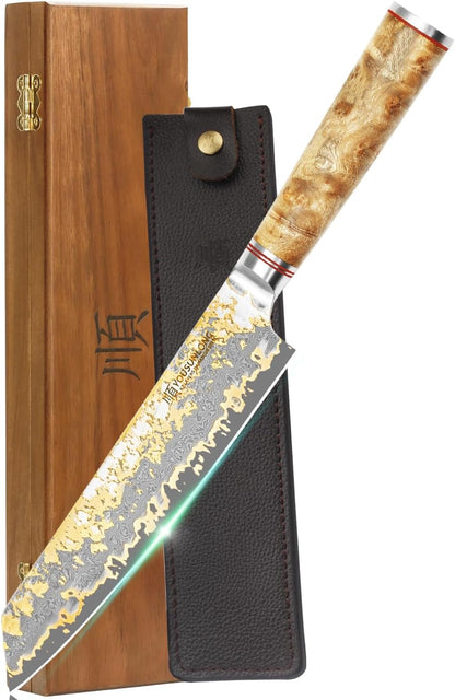 Sujihiki Slicing Knife - 8 Inch Sashimi Sushi Knife - Handmade CuMai Copper Damascus Steel - Japanese Yanagiba Carving Knives Ultra Sharp - Naturel Burl Wooden Handle with Leather