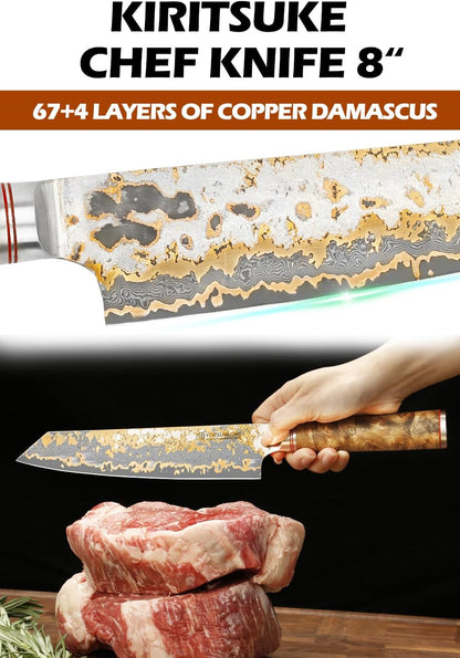 Sujihiki Slicing Knife - 8 Inch Sashimi Sushi Knife - Handmade CuMai Copper Damascus Steel - Japanese Yanagiba Carving Knives Ultra Sharp - Naturel Burl Wooden Handle with Leather
