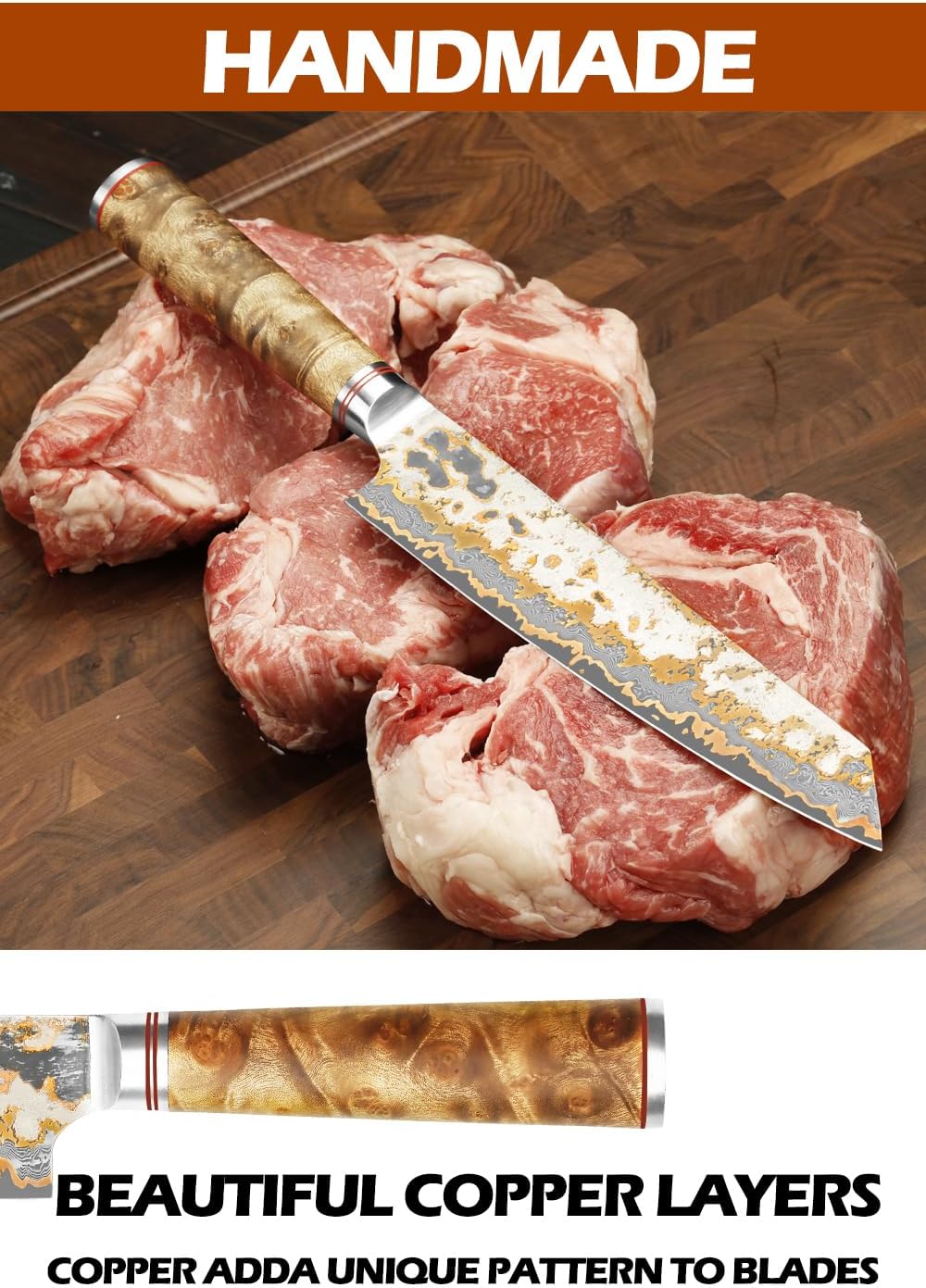 Sujihiki Slicing Knife - 8 Inch Sashimi Sushi Knife - Handmade CuMai Copper Damascus Steel - Japanese Yanagiba Carving Knives Ultra Sharp - Naturel Burl Wooden Handle with Leather